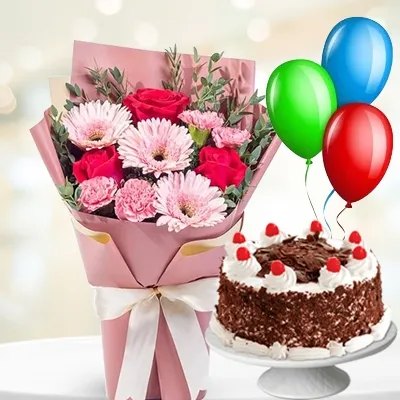 Bouquet of Roses,Carnations, Gerberas,Cake & Balloons